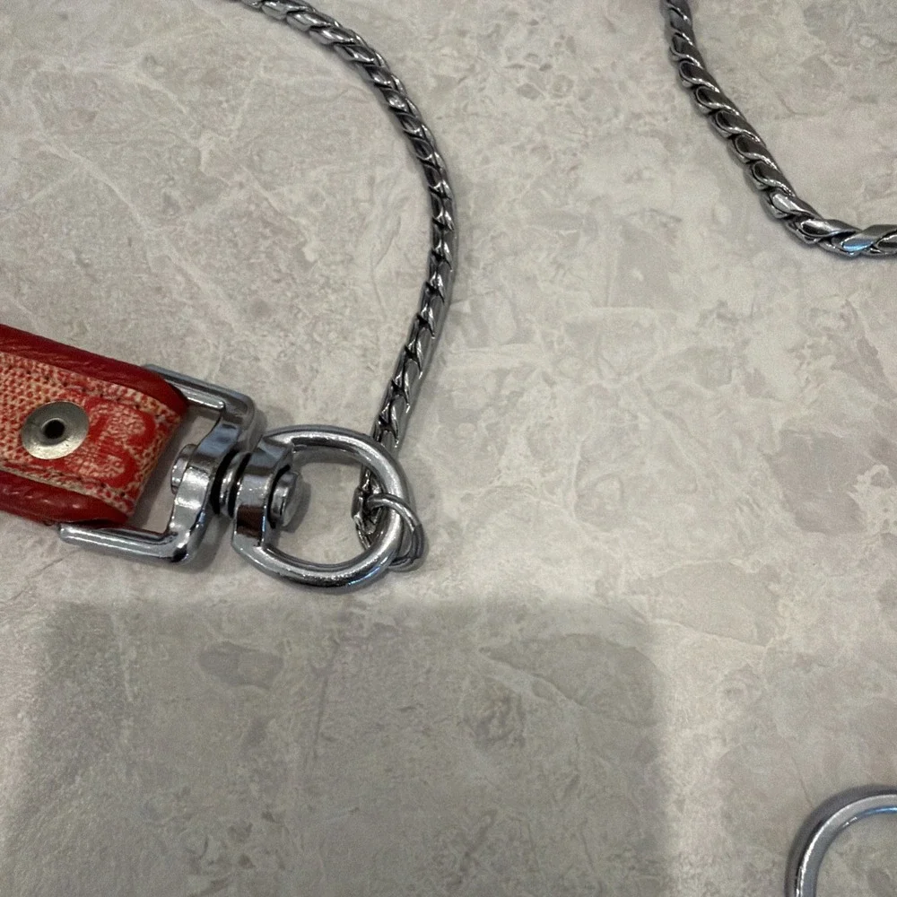 Red Pet Leash With Silver Tone Chain 42 1/2 Inches Long.